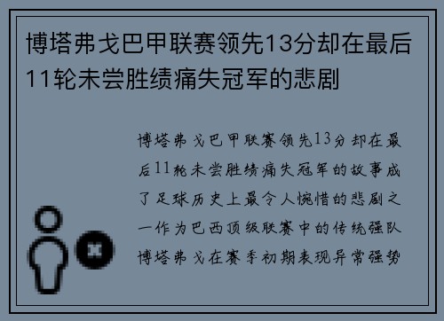 博塔弗戈巴甲联赛领先13分却在最后11轮未尝胜绩痛失冠军的悲剧 博塔弗戈巴甲联赛领先13分却在最后11轮未尝胜绩痛失冠军的悲剧
